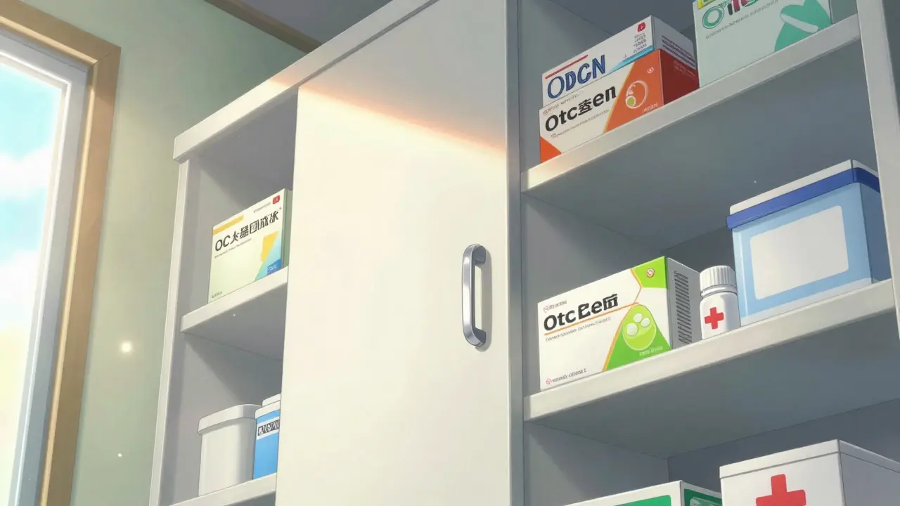 Neatly organized medicines in a high, locked linen closet