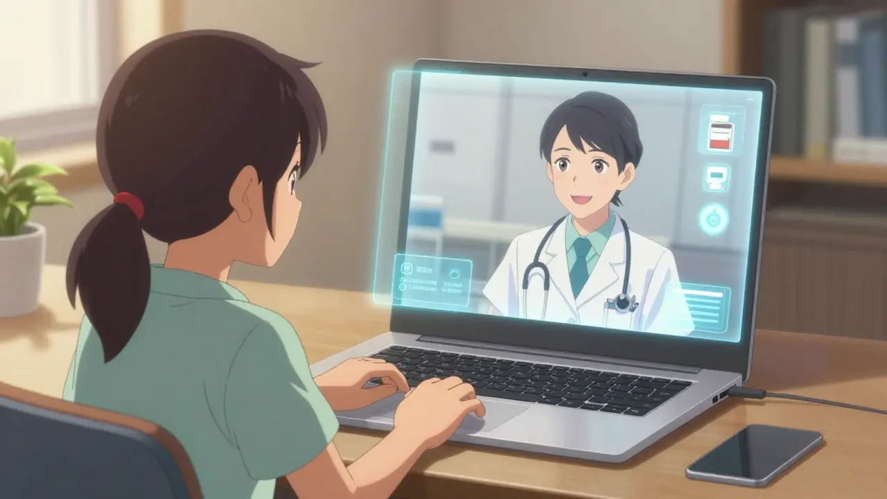 Patient consulting doctor via hologram in a safe, modern home setting