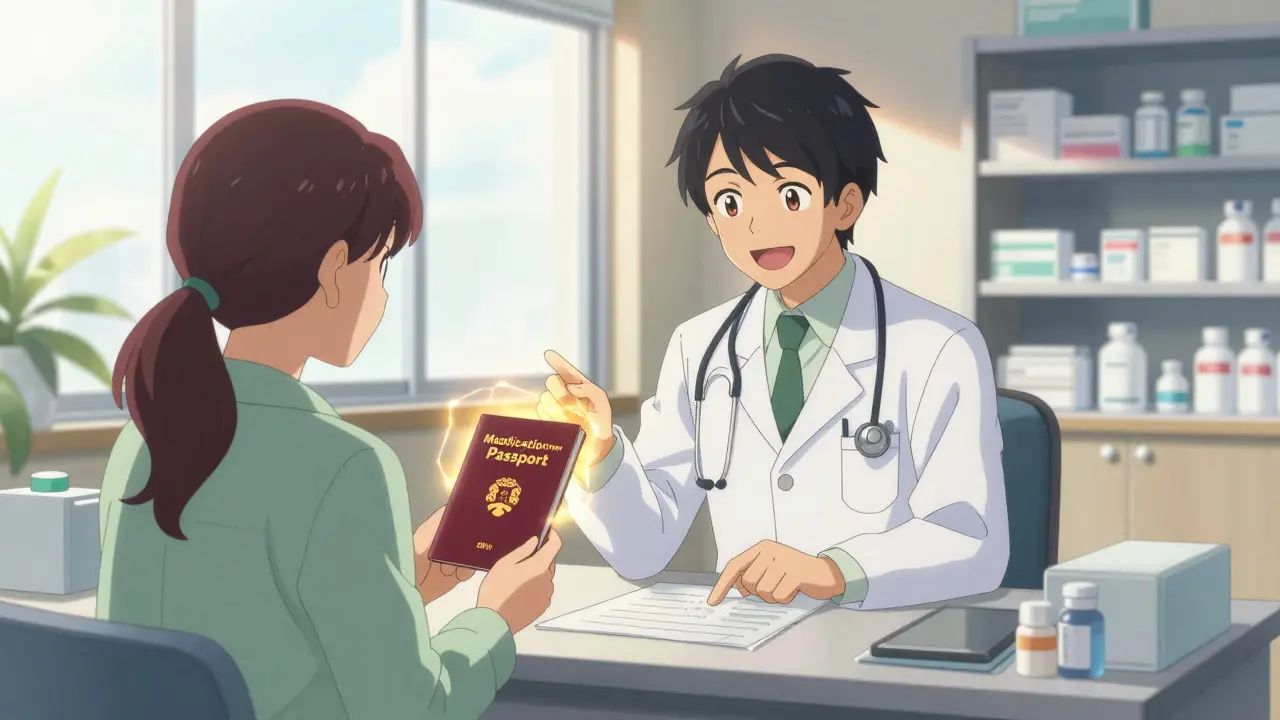 Patient holding allergy passport talking to doctor in bright clinic