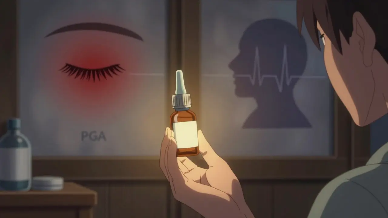 Patient holding eye drops with abstract side effect shadows in background