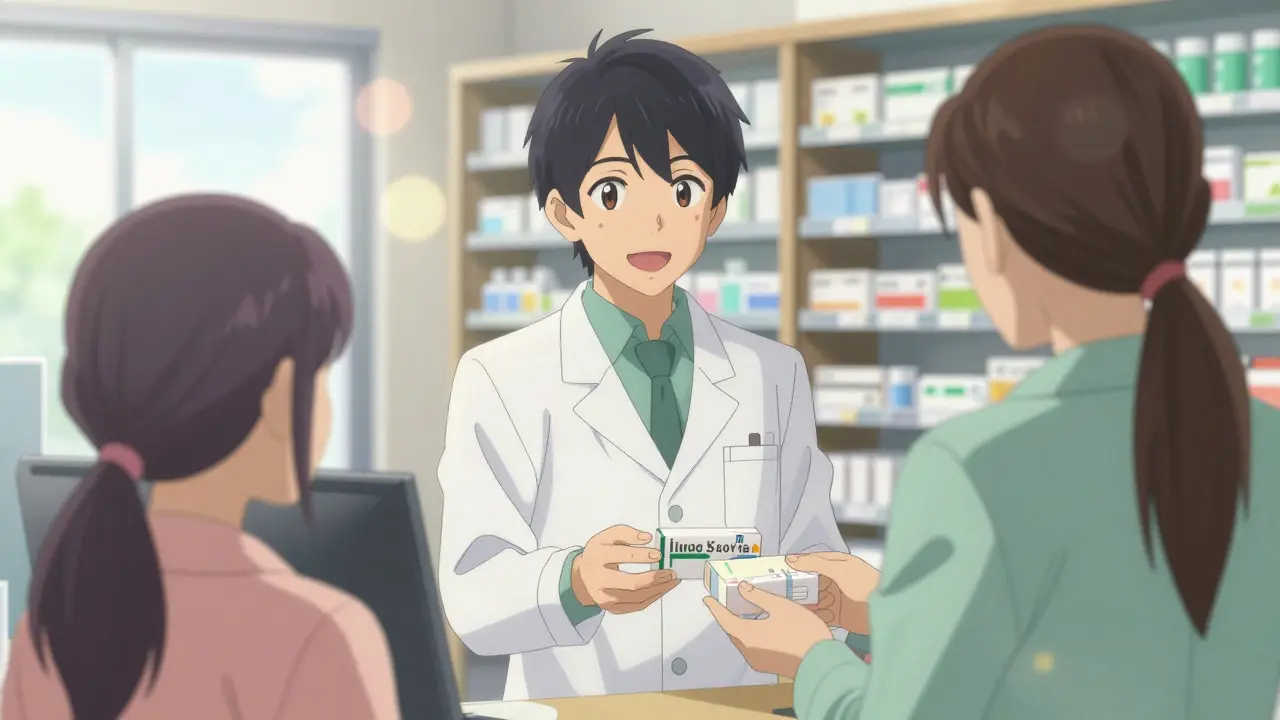 Pharmacist handing generic medication to a relieved customer in sunlight