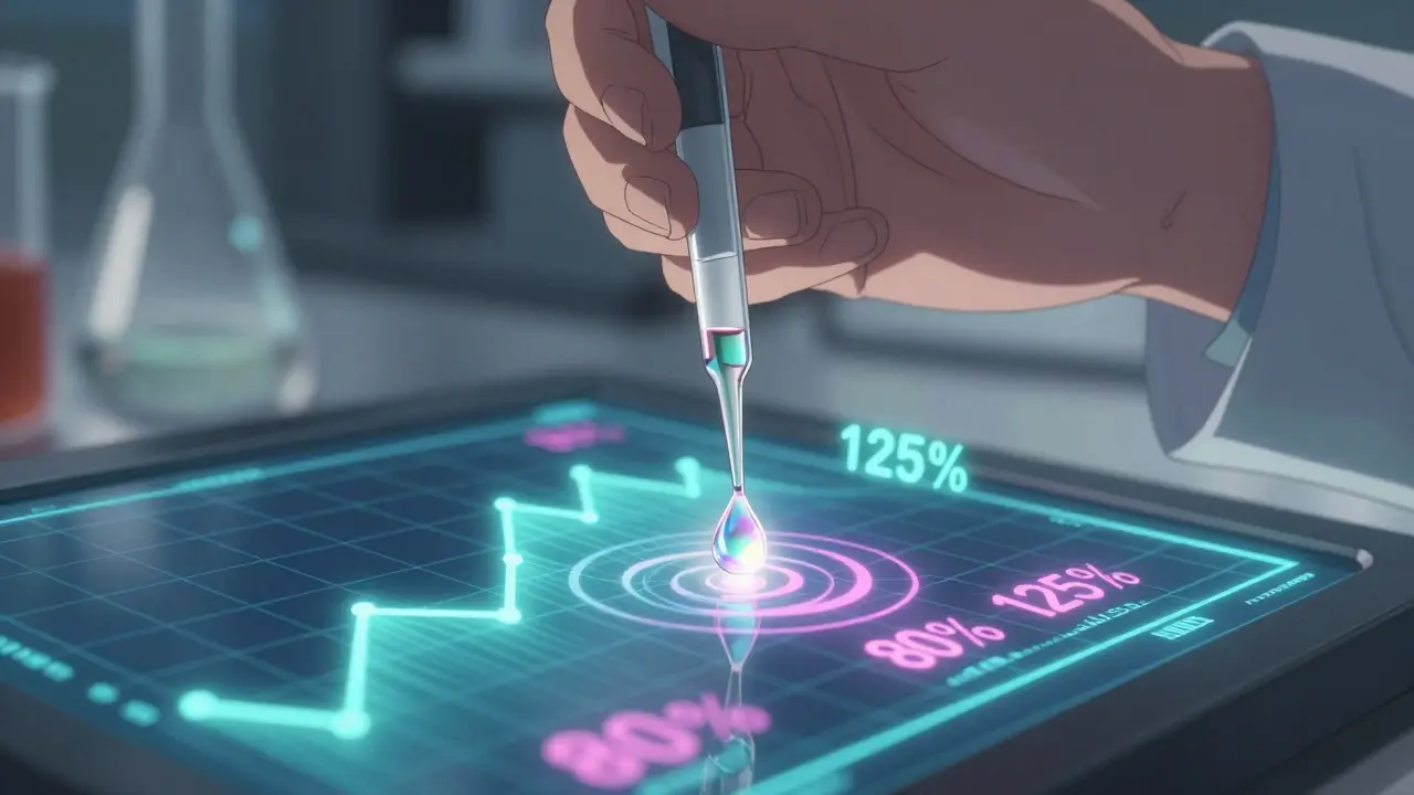 Scientist dropping liquid onto a digital grid showing bioequivalence stats