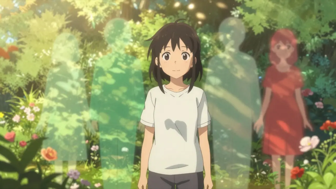 Serene anime scene of a patient in a garden with protective light guardians, symbolizing hope and management