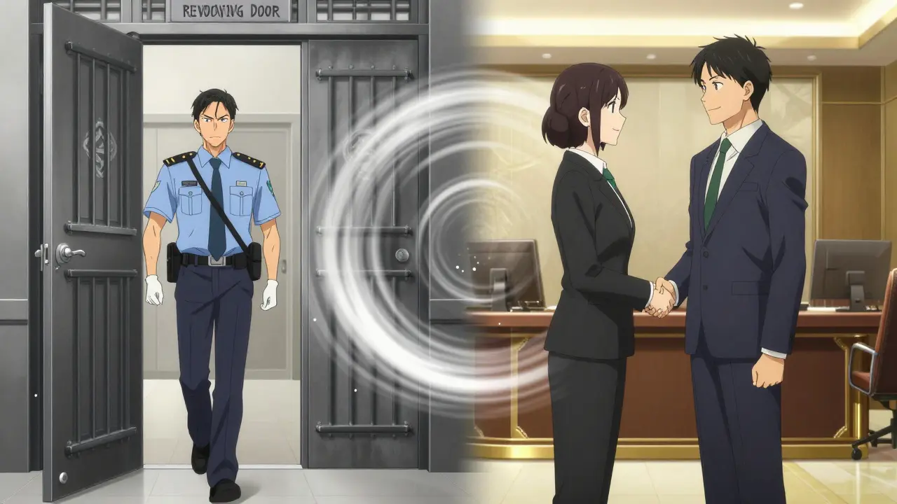 A regulator transforms into an executive through a revolving door.