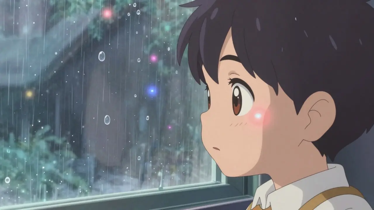 A Ufotable-style anime illustration of a child looking out a rainy window, symbolizing 'glue ear'. Floating water droplets in the air glow faintly. The atmosphere is melancholic yet hopeful, blending soft pastels with vibrant magical accents. The character has expressive eyes and detailed design.