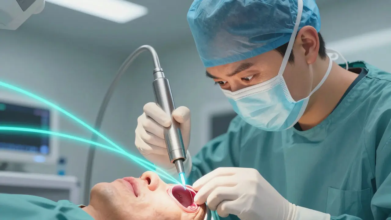 A Ufotable-style anime scene inside a futuristic otology clinic. A surgeon uses a laser-assisted tool for a microscopic eardrum repair (tympanoplasty). Cyan light trails emanate from the laser. The surgeon has an intense expression. The setting features clean lines and modern technology aesthetics with soft ambient lighting.
