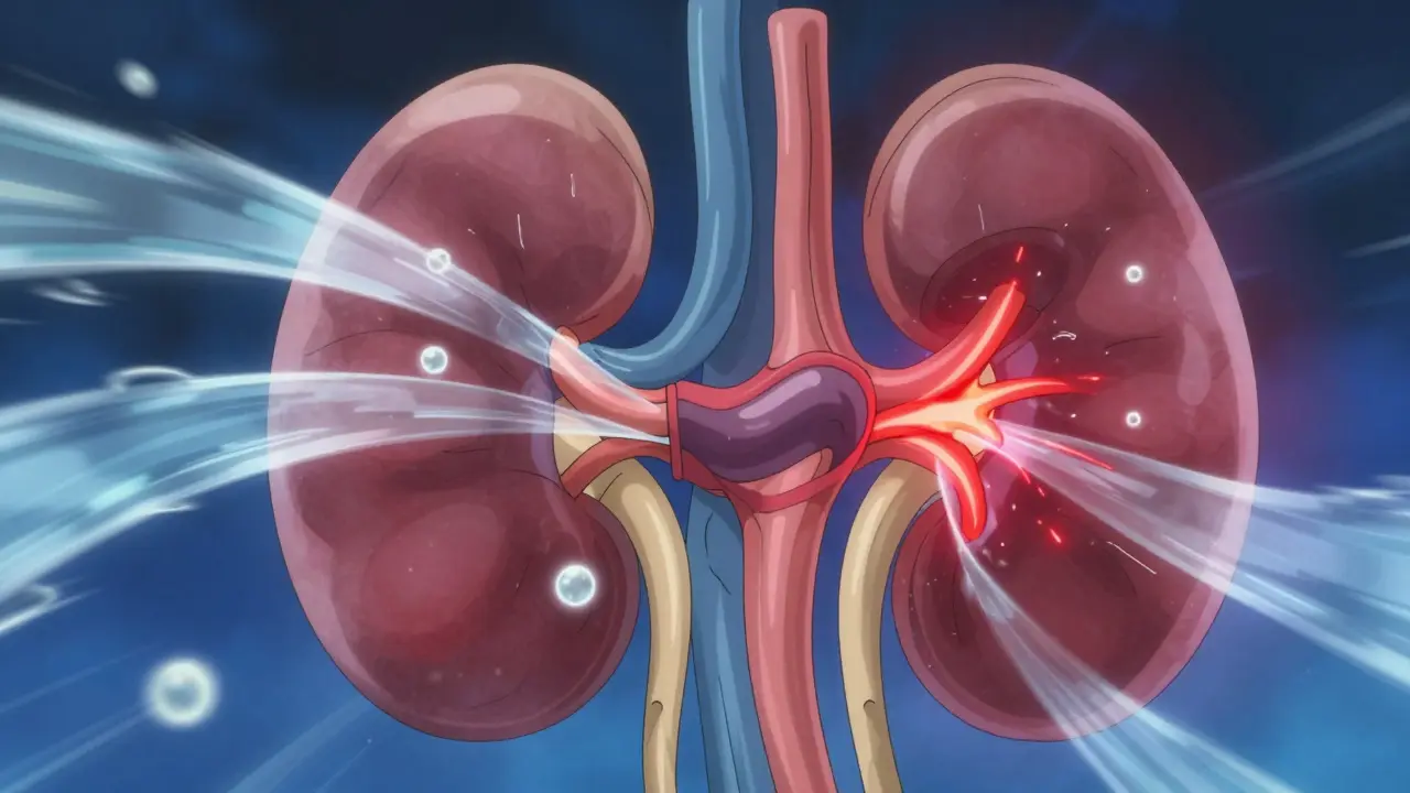 Abstract anime art depicting kidney fluid dynamics and the initial eGFR dip