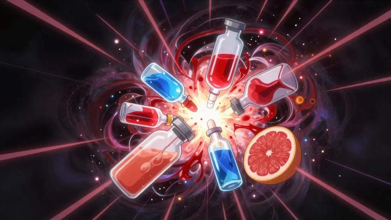 Abstract visualization of dangerous drug interactions causing toxicity