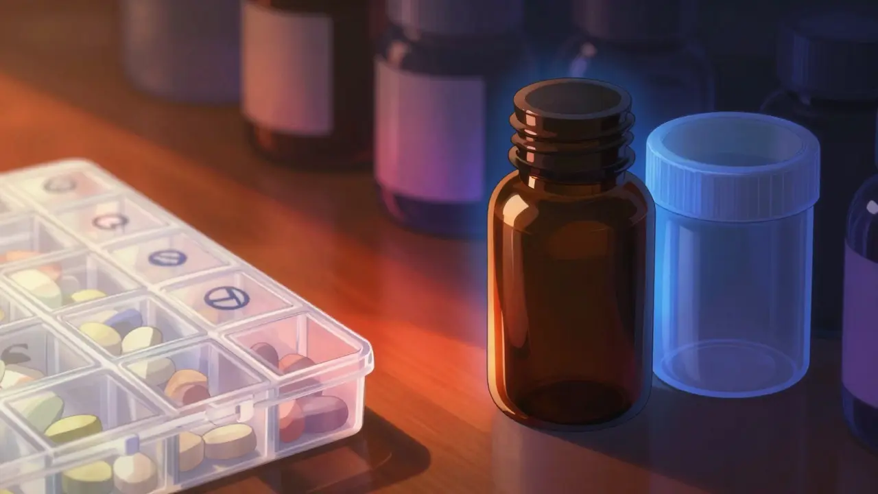 Amber bottles blocking UV light vs clear organizers in anime style