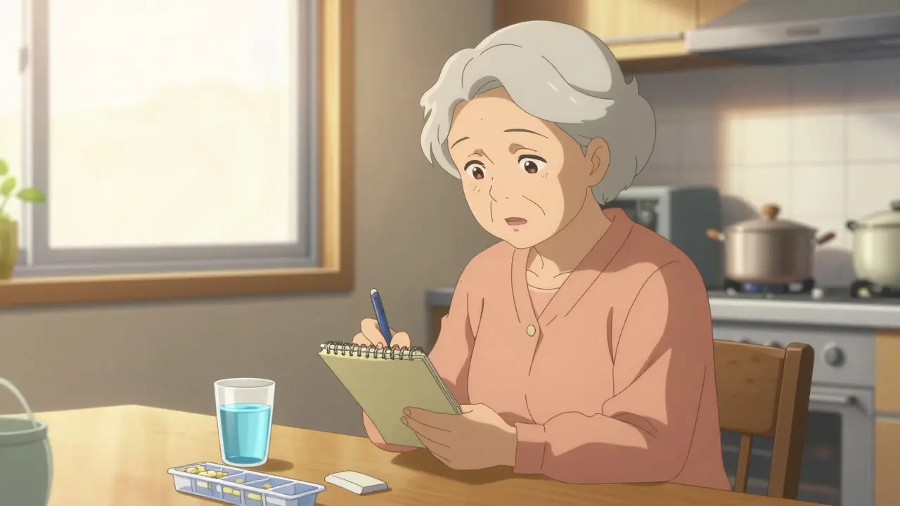 Elderly woman calmly reviewing medications and logging symptoms