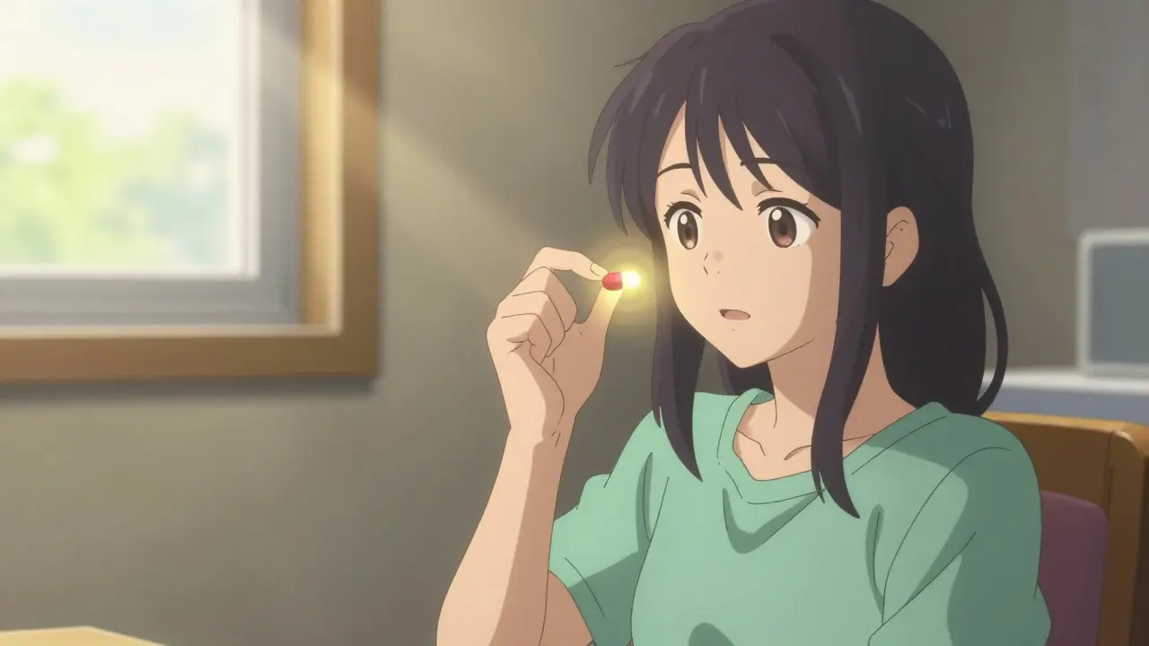 Emotive Ufotable-style anime depiction of a patient finding relief with Trimipramine treatment, using soft golden lighting and magical realism to symbolize hope, healing, and the positive impact of accessible mental health care.