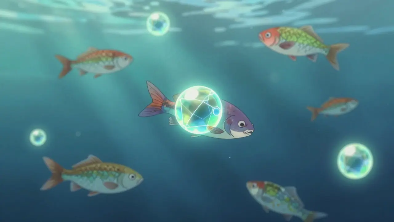 Fish swimming among glowing drug molecules in polluted river