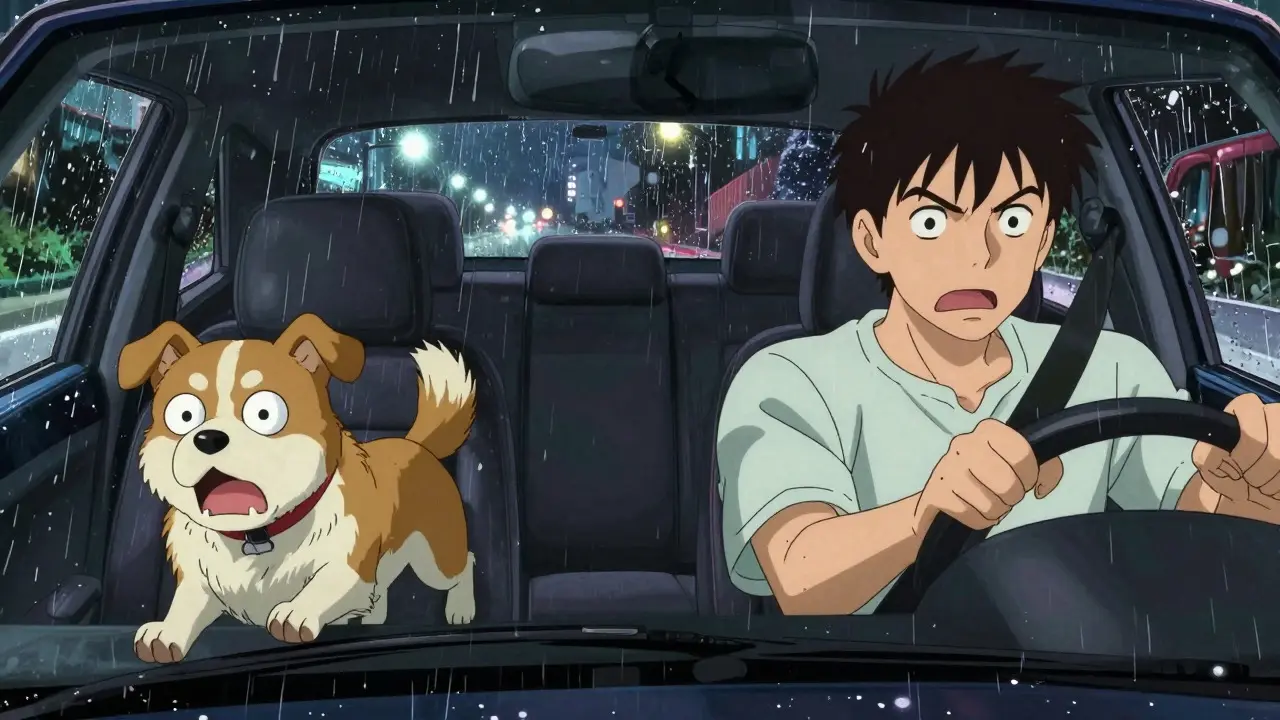 Frantic owner driving with agitated dog in back seat at night