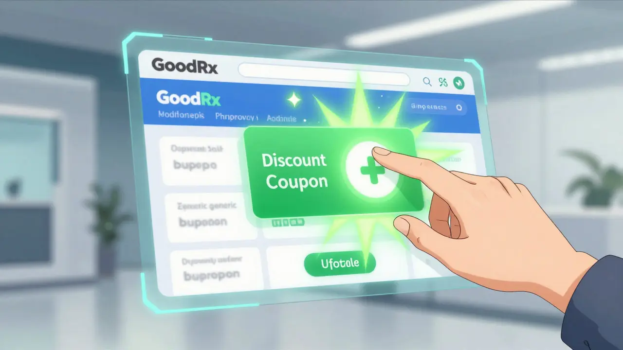 Hand selecting discount coupon on digital pharmacy interface