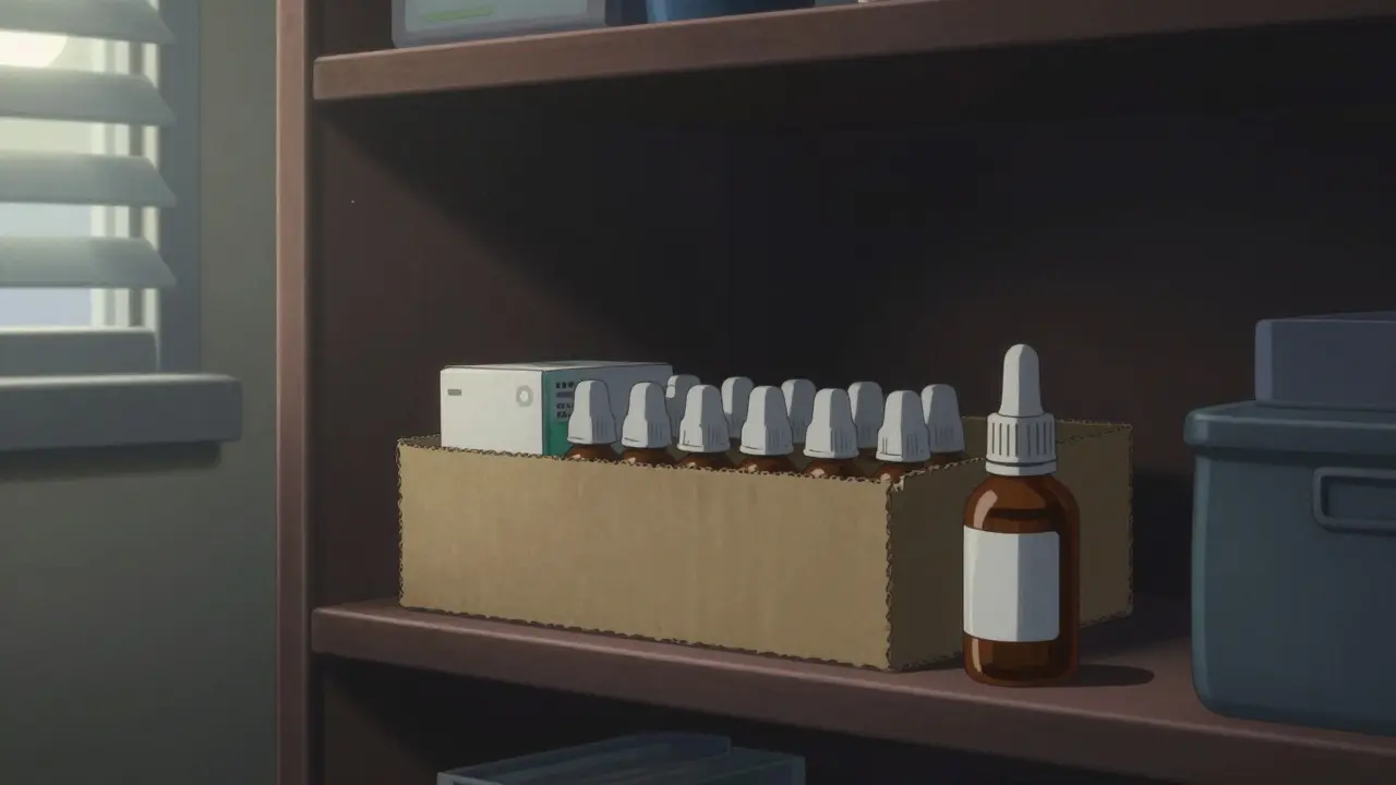 Medications safely stored in a dark, dry bedroom closet
