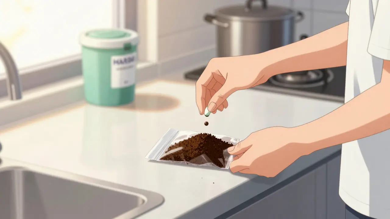 Person mixing pills with coffee grounds for safe disposal