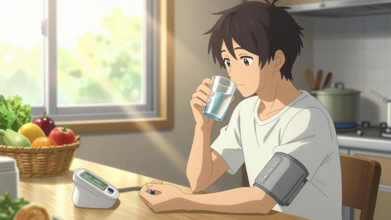 Person taking medication with healthy breakfast and BP monitor