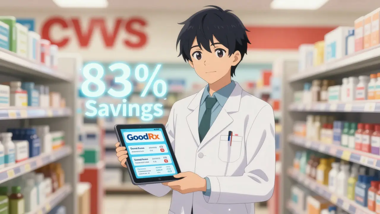 Polished Ufotable-style anime illustration of a pharmacist using a discount app in a trusted US pharmacy chain, emphasizing safety, transparency, and substantial cost reductions for generic antidepressants through verified digital tools.