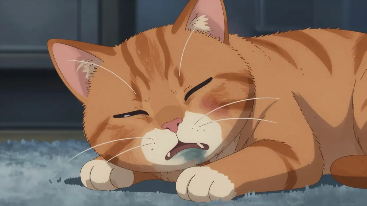 Sick cat with brown gums showing signs of medication toxicity