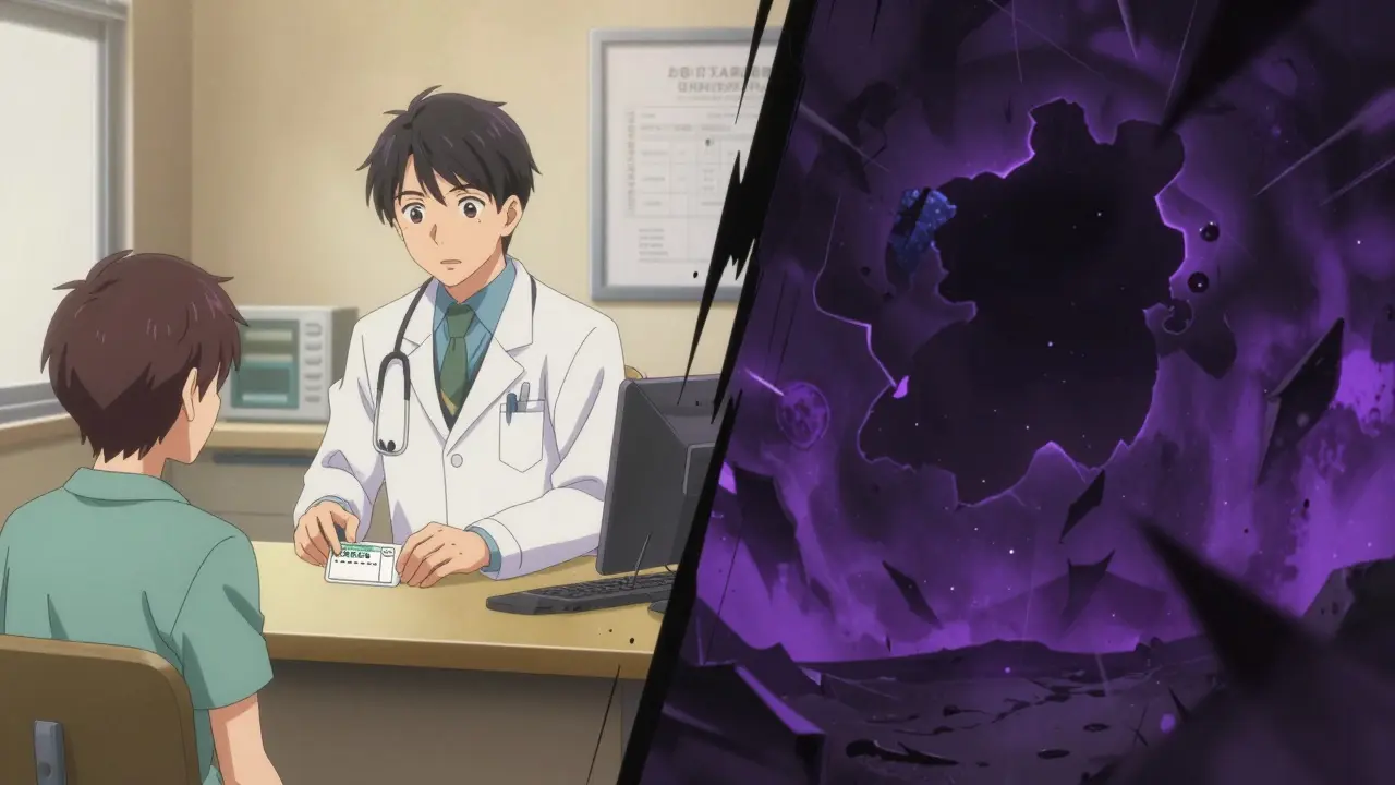 Split screen contrasting safe doctor visit with dangerous online risks