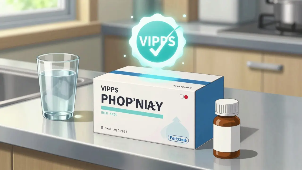 Verified medicine package with safety seal on counter
