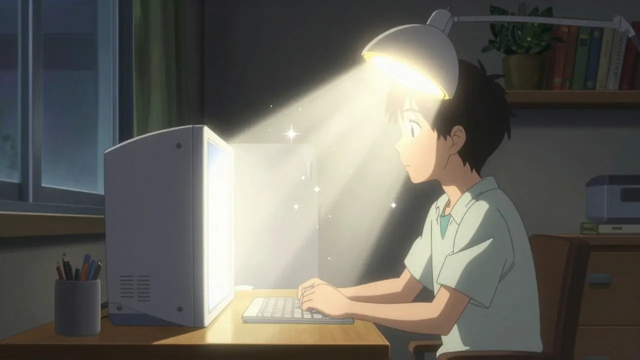 A person uses a bright light therapy box in a dark room, depicted in anime style.