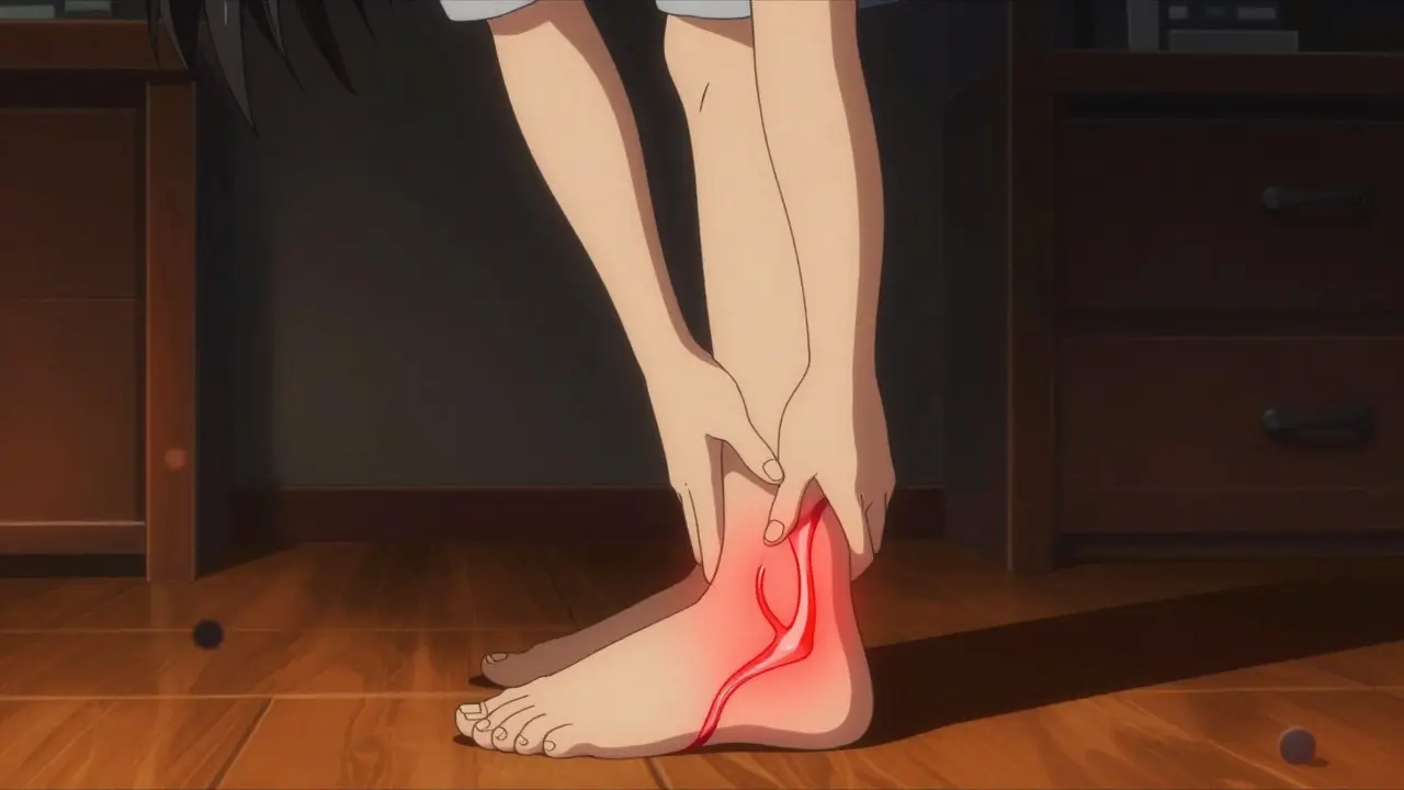 Anime character holding ankle with glowing red tendon warning