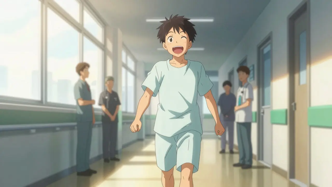 Anime-style patient recovering with energy after successful surgery