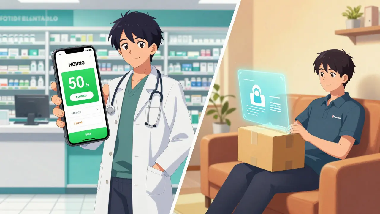 Anime style split view of pharmacy discount and telehealth delivery
