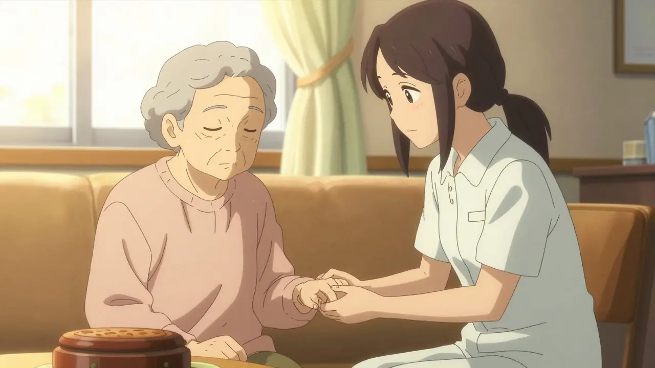 Caregiver holding hand of patient during music therapy session