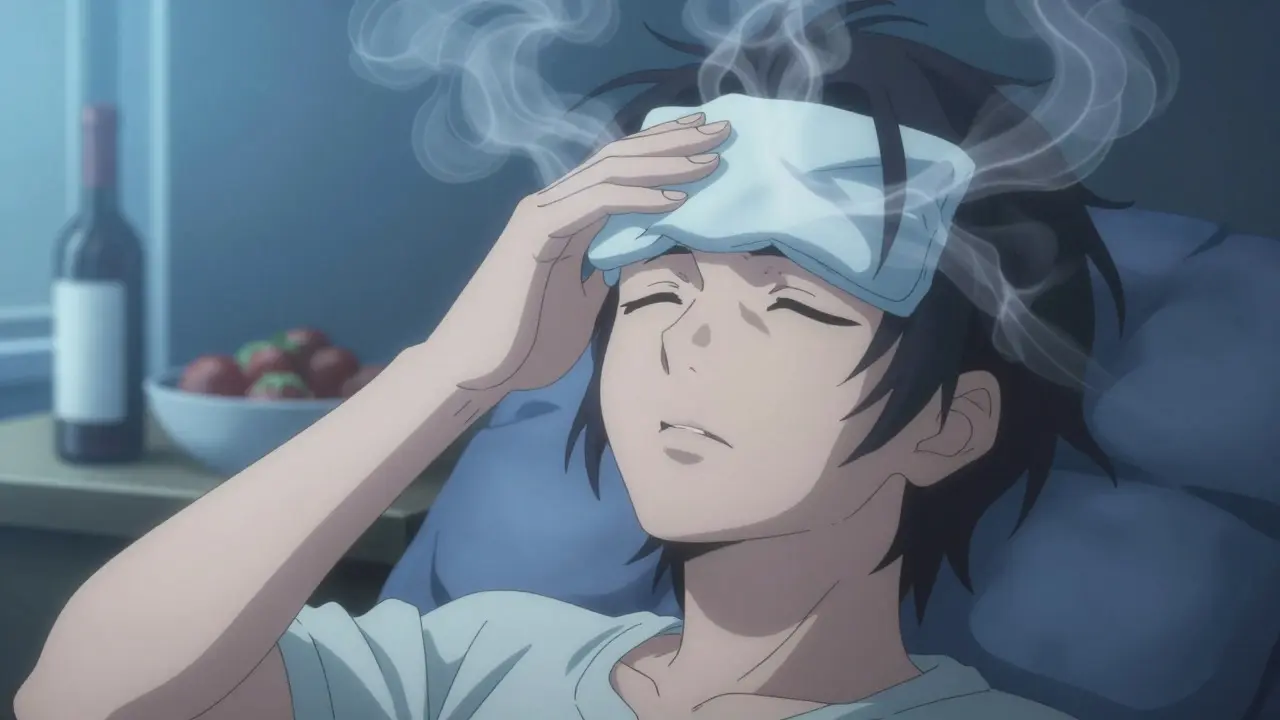 Character applying cold compress to soothe medication flush