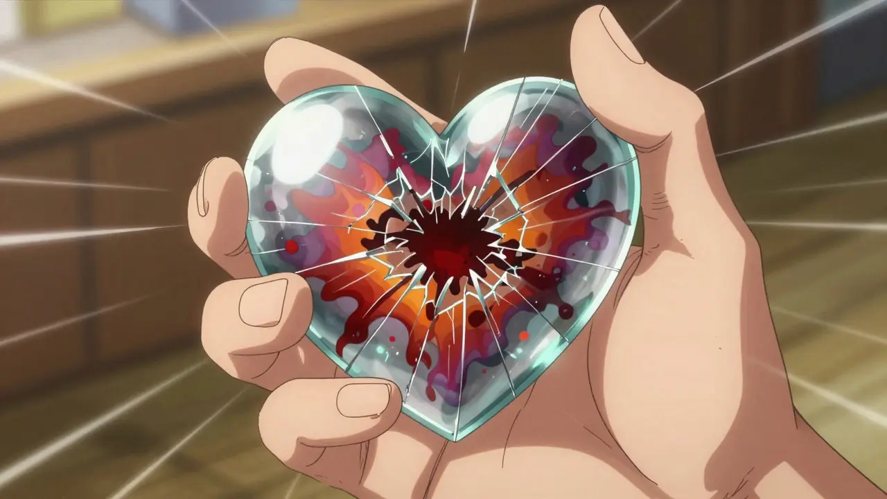 Close-up of a hand holding a cracking glass heart symbolizing physical health risks
