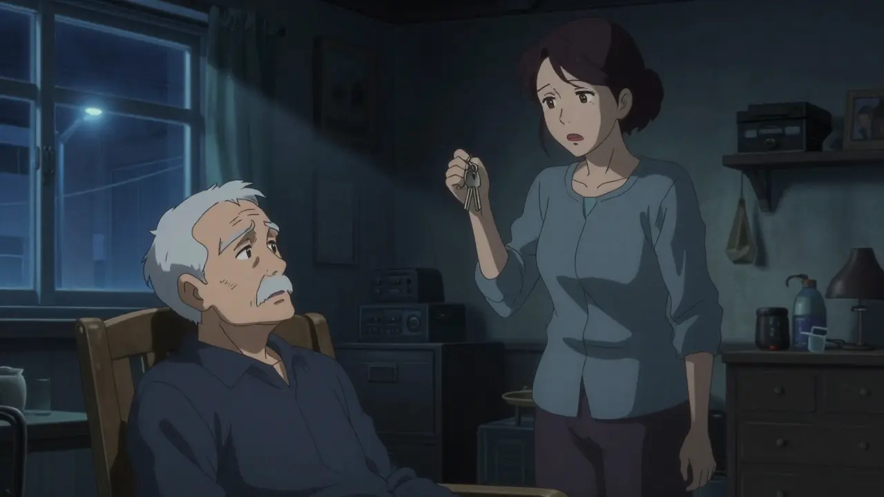 Confused elderly couple in a dimly lit living room at night