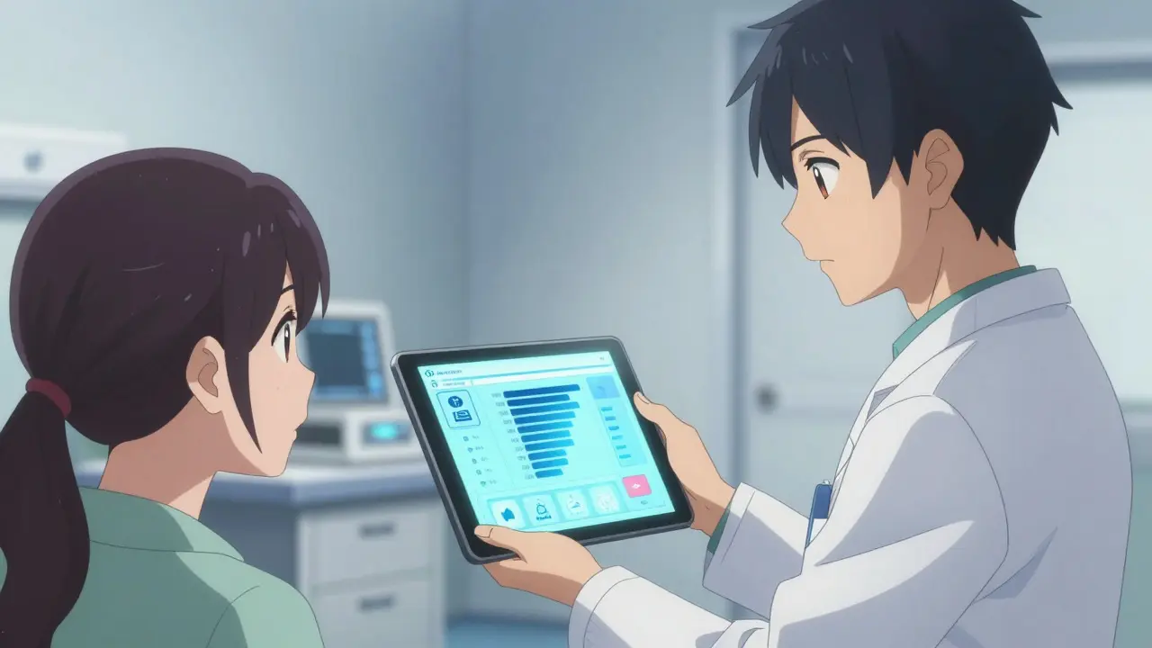 Doctor and patient reviewing a digital health risk assessment in a clinic