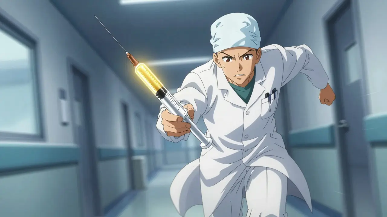 Doctor rushing with glowing antidote in urgent hospital scene