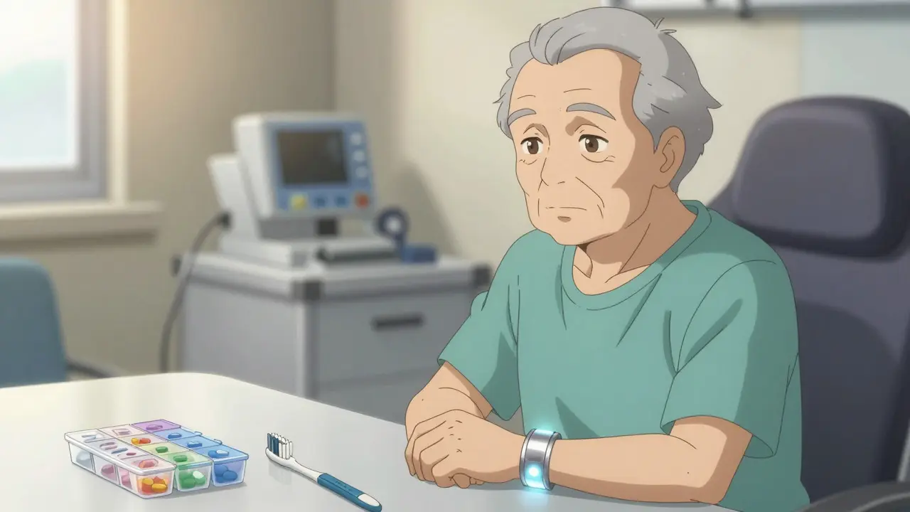 Elderly patient with medical alert bracelet and daily safety tools