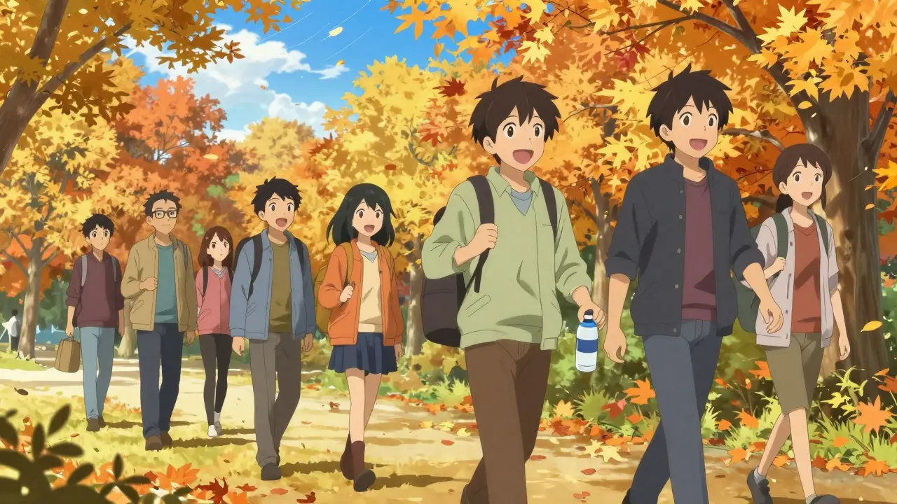 Friends walk together in a sunny autumn park, illustrating social routine in anime style.