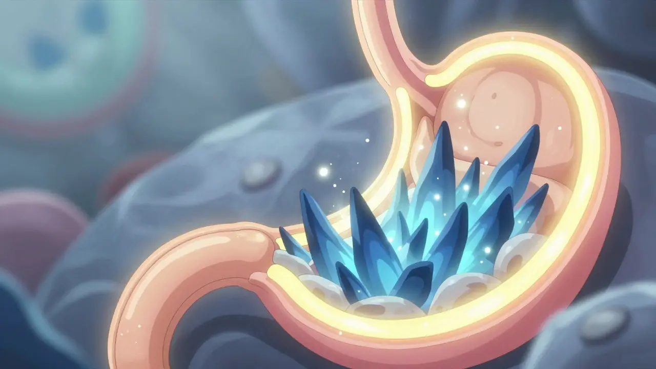 Golden shield protecting stomach tissue from acid shards in anime art