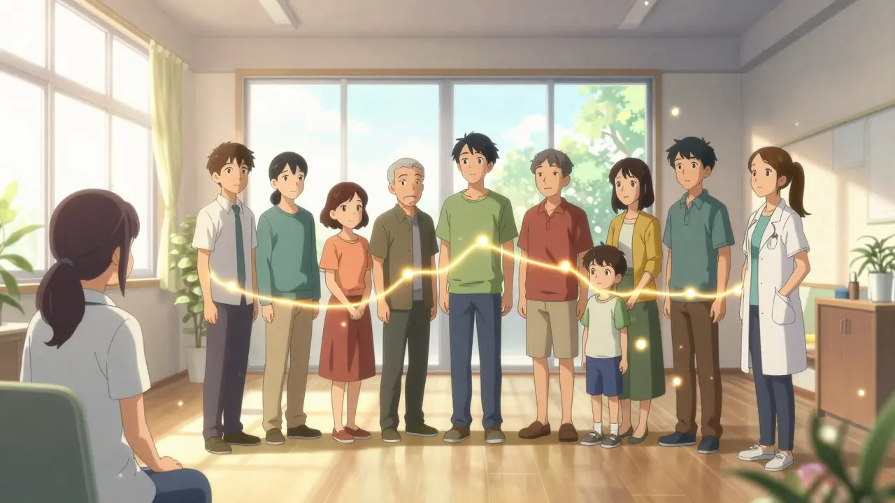 Group of people connected by a golden thread in a bright room representing recovery