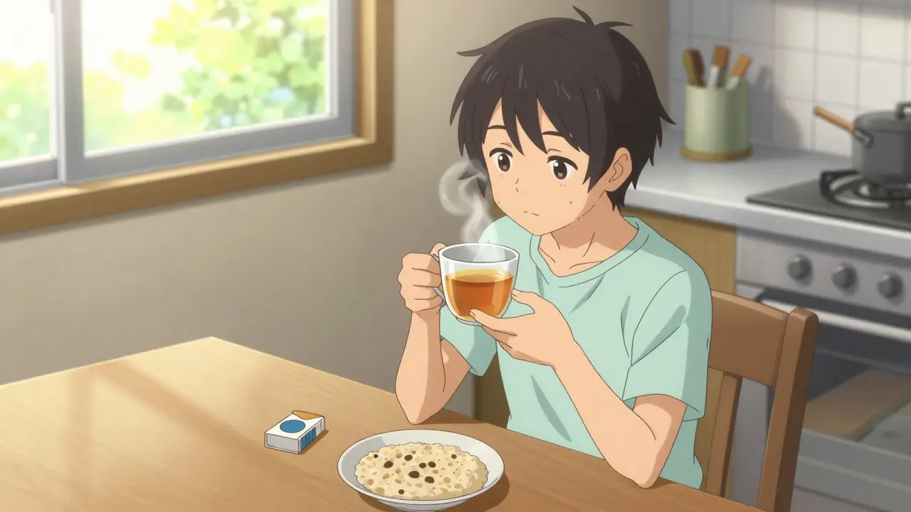 Person eating healthy food and drinking tea to heal ulcers in anime style