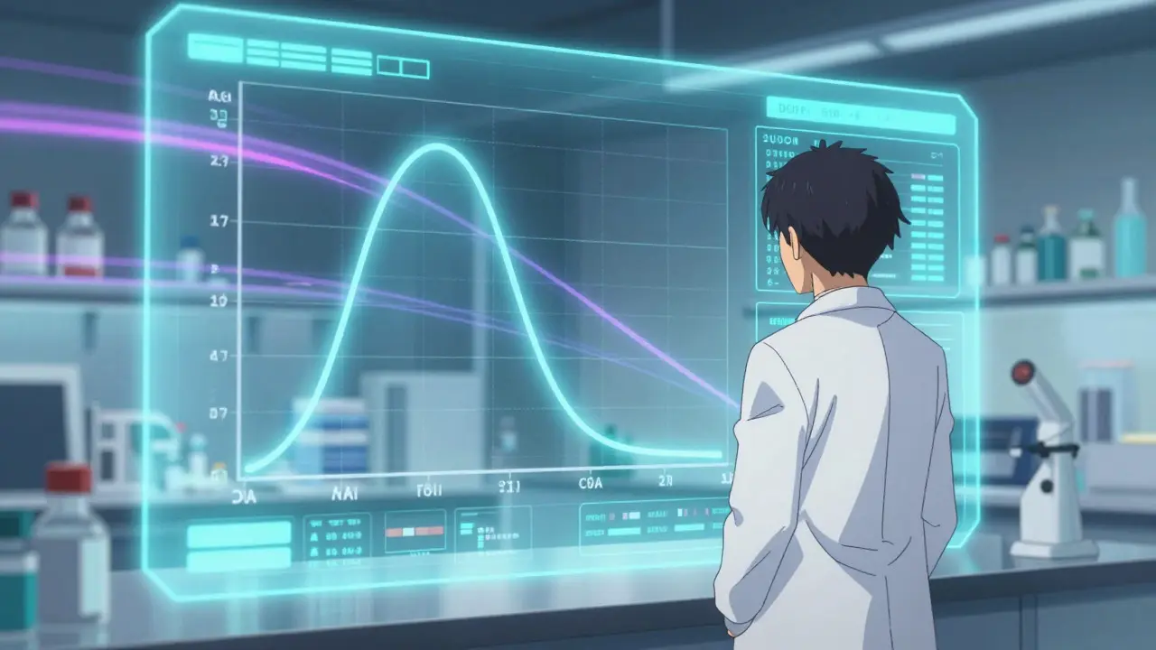 Scientist viewing holographic bioequivalence data curves in lab