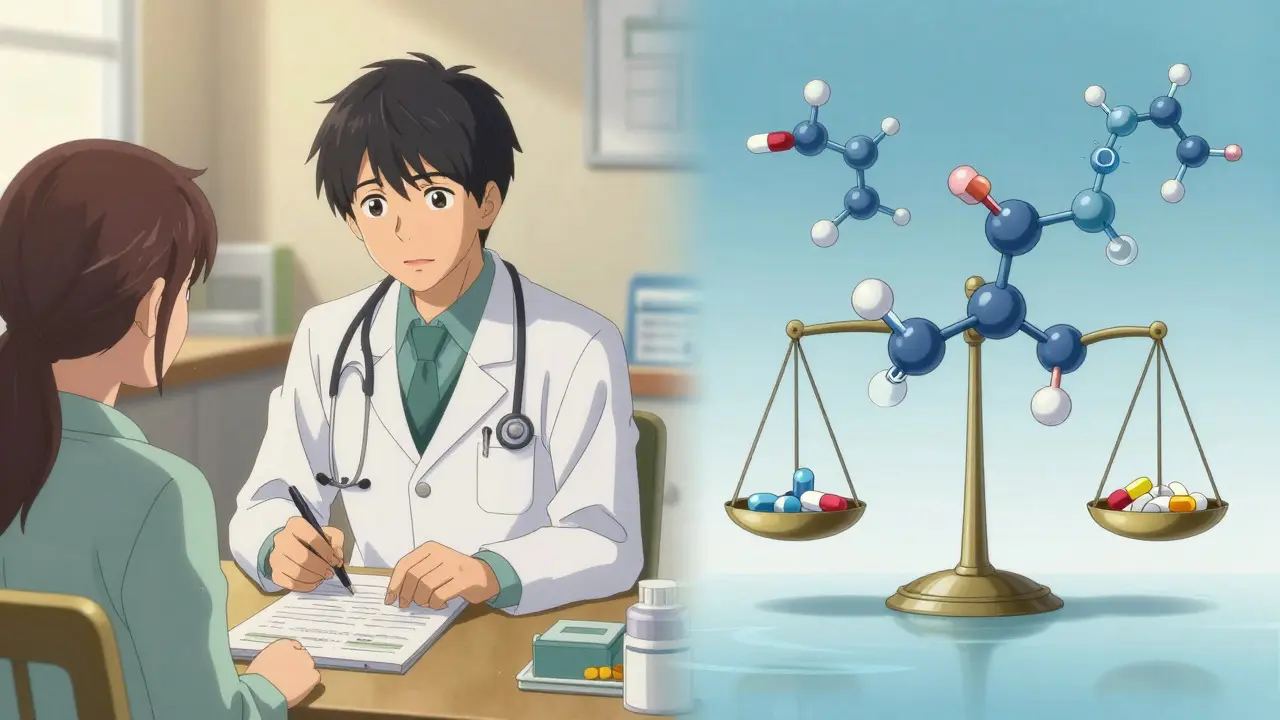 Split scene of doctor-patient consultation and molecular drug structures