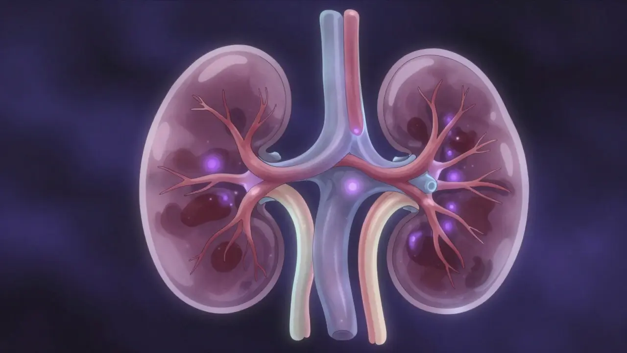 Stylized anime kidney showing constricted blood vessels and internal stress