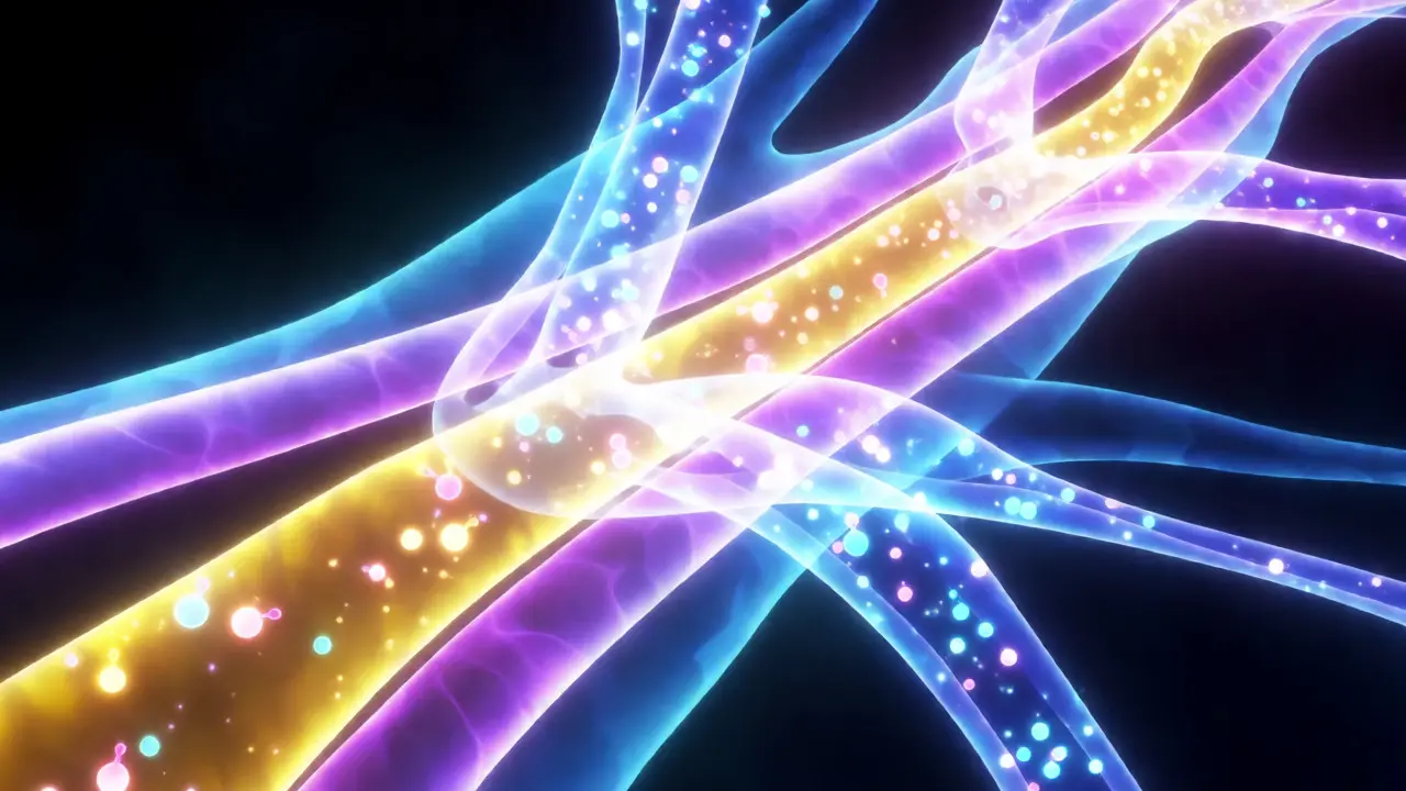 Abstract visualization of medication particles transferring into breast milk in an anime style.