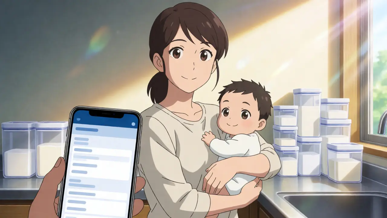 An anime-style mother happily breastfeeding her baby in a sunlit kitchen.